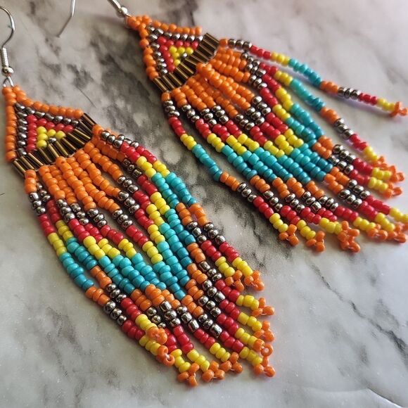 Native American-Style Beaded Tassel Fashion Earrings Orange - Picture 7 of 10